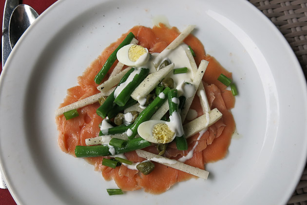 Smoked salmon, quail eggs and truffled green beans - on the menu at Grand Mirage Resort, Bali.