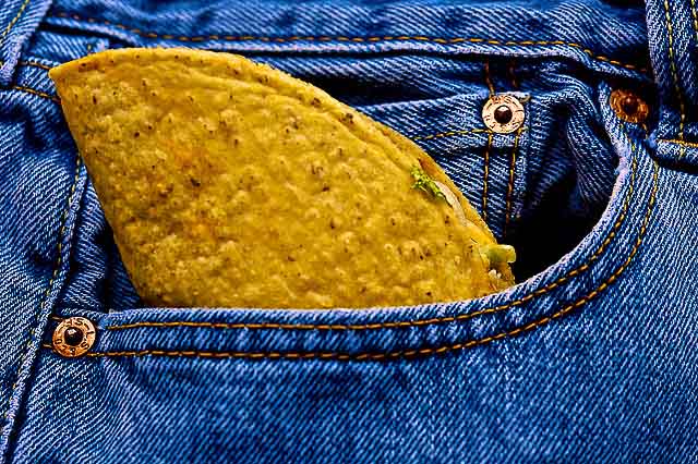 Taco stashed in a pair of blue jeans.